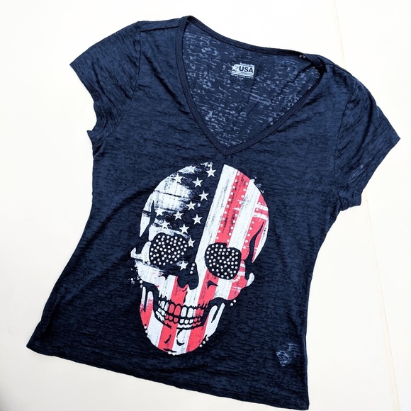 Red White & Blue Patriotic Skull T Shirt Burnout - Picture 8 of 8